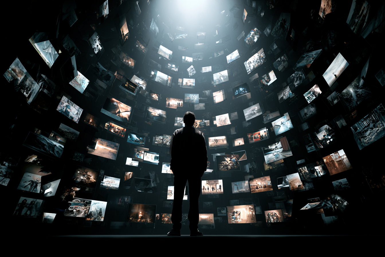 A person standing in front of many floating digital screens, representing AI image generation and creative content systems.