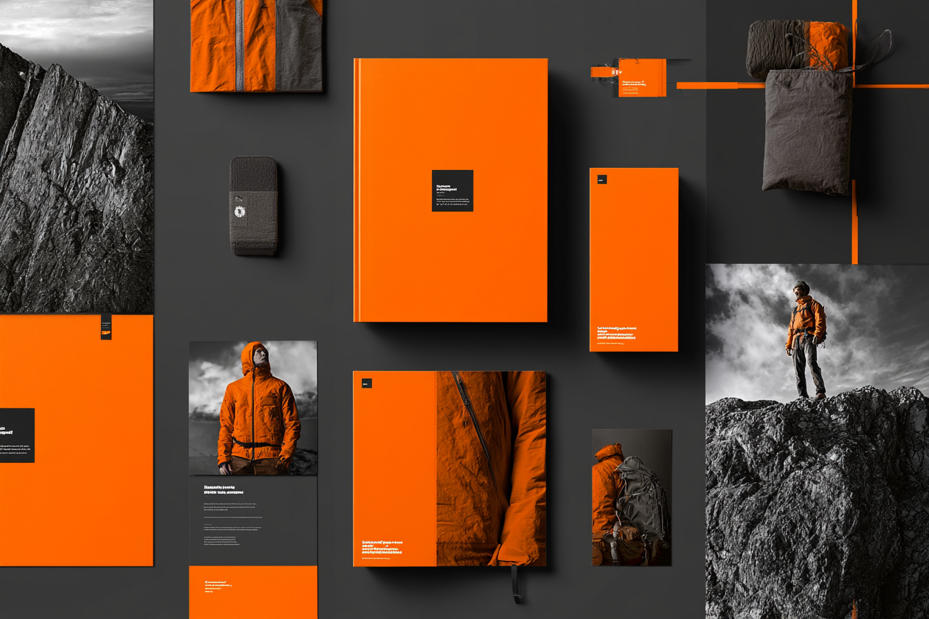 A flat-lay brand identity moodboard featuring an orange and charcoal color system, brand book, packaging mockups, and outdoor lifestyle photography — representing AI-assisted brand asset systems.