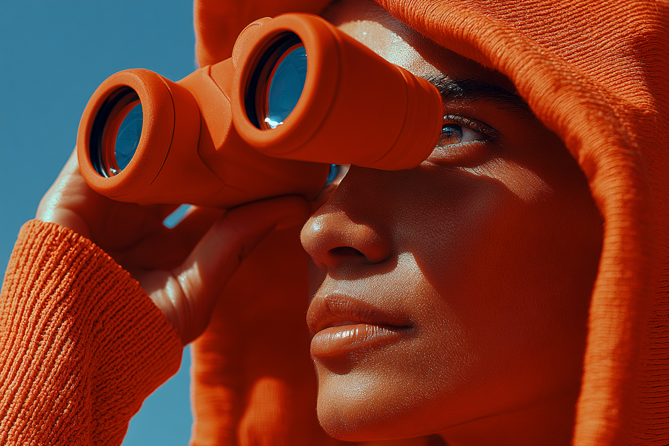 Editorial close-up of a person in an orange hood looking through orange binoculars against a clear blue sky — representing scanning the landscape for the first AI opportunity.