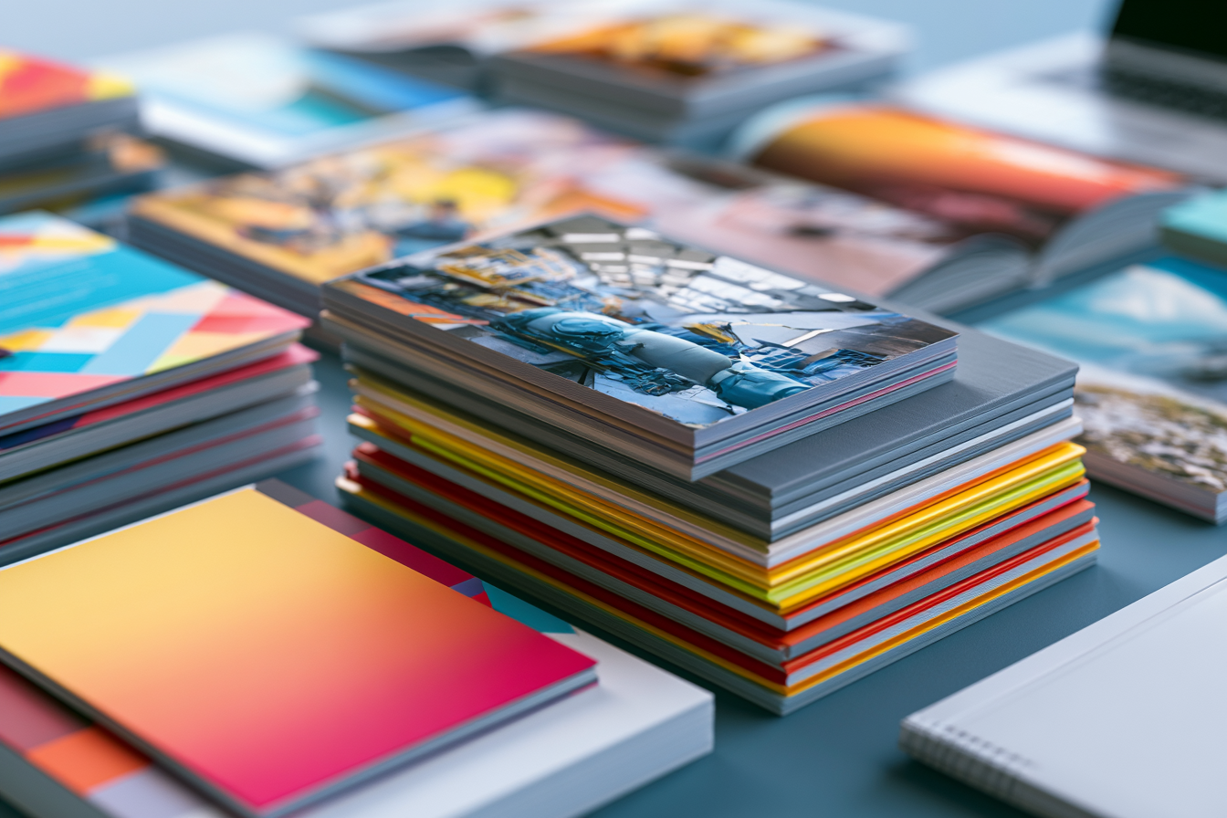 A studio desk covered in neat stacks of colorful printed guides and booklets — representing the crowded landscape of AI tools waiting to be evaluated and organized.