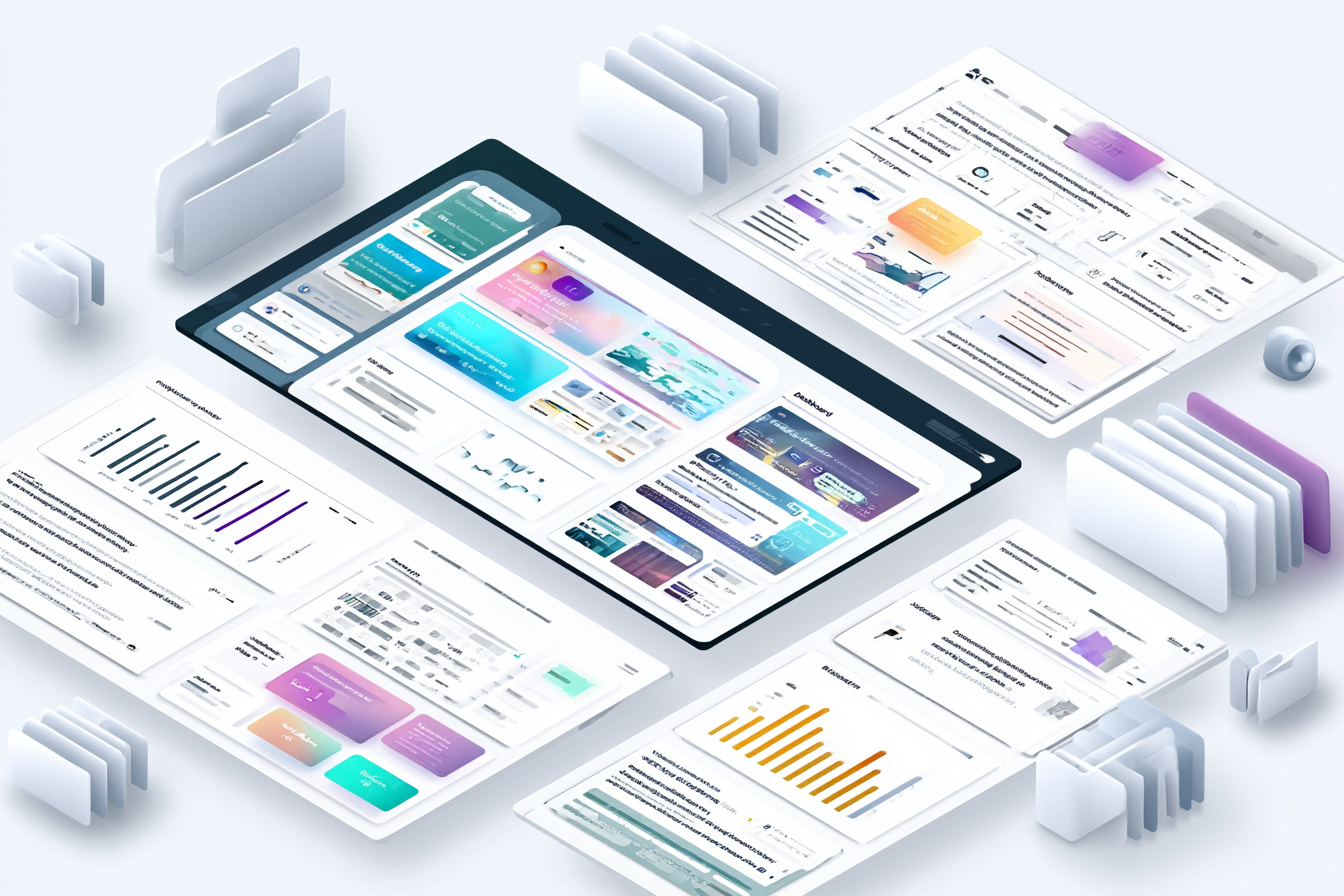 Isometric illustration of organized dashboard screens, documents, and folders arranged around a central tablet interface — representing an AI Operating System that structures tools, prompts, and workflows.