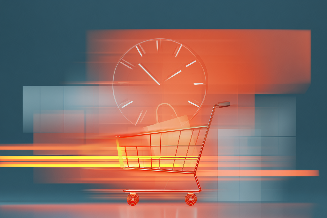 A glowing shopping cart speeding past an oversized clock face in streaks of orange light — representing instant, AI-driven checkout compressing the ecommerce purchase journey.