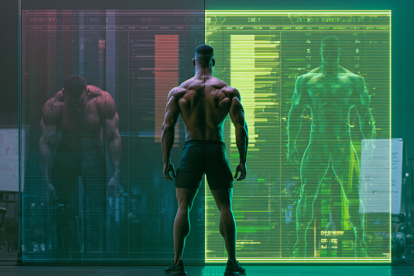An athlete standing before a wall-sized performance display analyzing his biometrics — representing coaching large language models with the same discipline as elite athletic training.