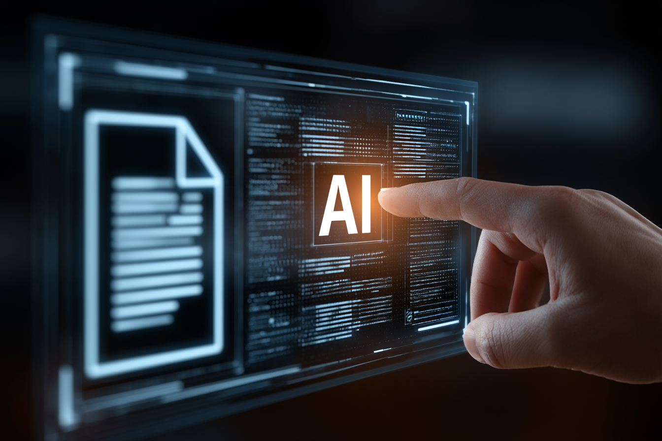 A fingertip touching a glowing AI button on a translucent search interface beside a document icon — representing search results generated and cited by AI engines instead of traditional rankings.